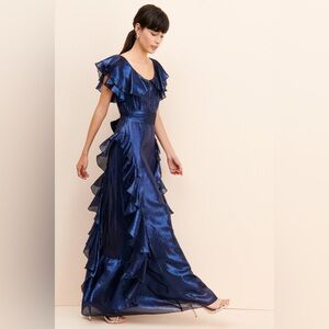 Alice McCall Night Moved Metallic Sheer Ruffle Maxi Dress Blue Size 8